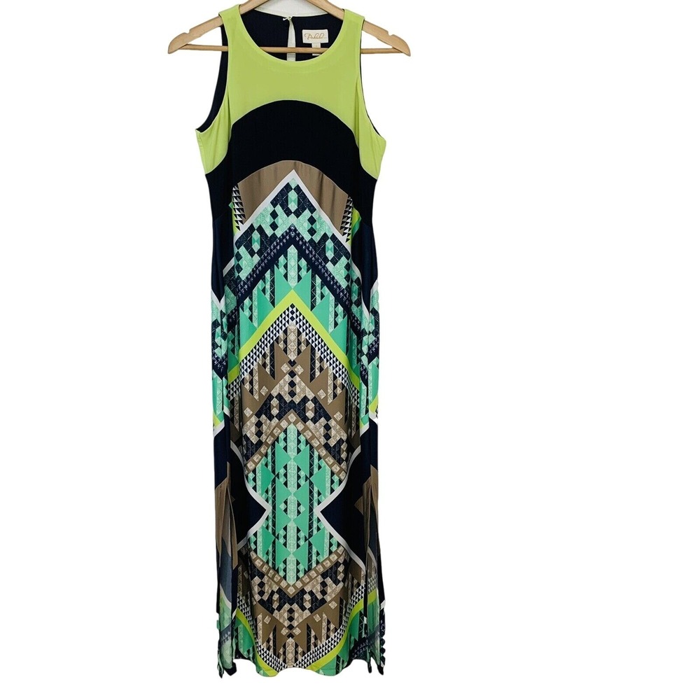 Prelude Maxi Knit Sleeveless Dress Small Colorful Geometric Key Hole Side Slit